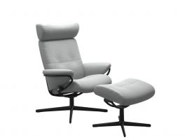 Stressless Berlin Adjustable Headrest Cross Chair with Footstool in Paloma Misty Grey