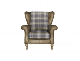 Alexander & James Blake Plaid Wing Chair in Sathcel Biscotti Leather with Yardley Damson Seat Cushion and Weathered Oak feet