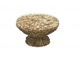 Bluebone Driftwood Round Coffee Table Glass Top created from reclaimed driftwood