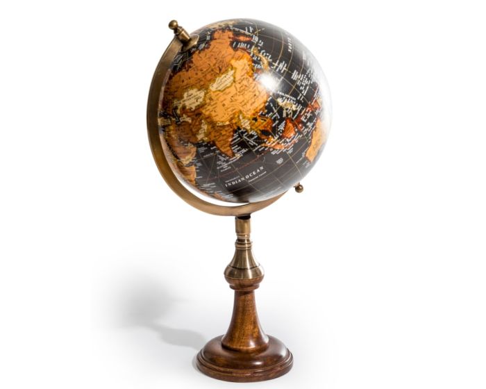 Black Globe on Brass & Wood Stand