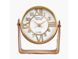 Tan Leather & Antique Brass Table / Desk Clock