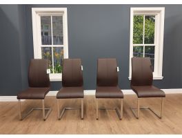 Clearance Derby Dining Chairs Set Of 4, upholstered in brown leather with a contemporary metal frame.  
