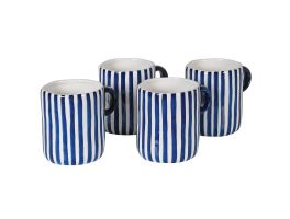 Set of 4 Blue and White Striped Ceramic Mugs