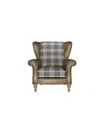 Alexander & James Blake Plaid Wing Chair in Sathcel Biscotti Leather with Yardley Damson Seat Cushion and Weathered Oak feet